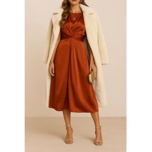15 Rust Satin Midi Dress | Elegant Pleated Twist Waist Party Dress